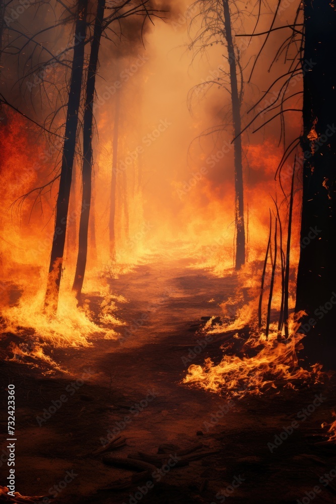 Poster a raging fire in the middle of a forest. this image can be used to depict the destructive power of w