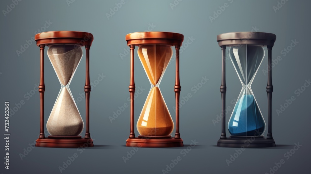 Aufkleber Three hourglasses sitting side by side on a gray background. Versatile image suitable for various concepts and themes