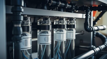 A detailed view of a cluster of water bottles on a machine. This image can be used to showcase the manufacturing or packaging process of bottled water.