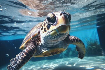 Fototapeta premium A close up view of a turtle swimming in the water. Perfect for educational materials or nature-themed designs