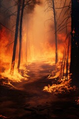 A raging fire in the middle of a forest. This image can be used to depict the destructive power of wildfires and the need for fire prevention measures