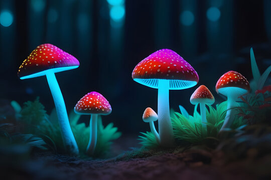 fly agaric mushroom in forest. 