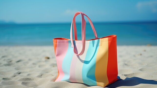 A beach bag sitting on the sand near the ocean. Perfect for summer vacations and beach getaways
