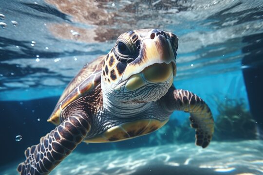 A close up view of a turtle swimming in the water. Perfect for educational materials or nature-themed designs