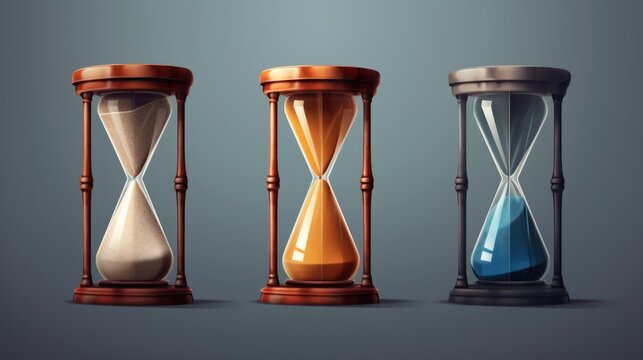 Three hourglasses sitting side by side on a gray background. Versatile image suitable for various concepts and themes