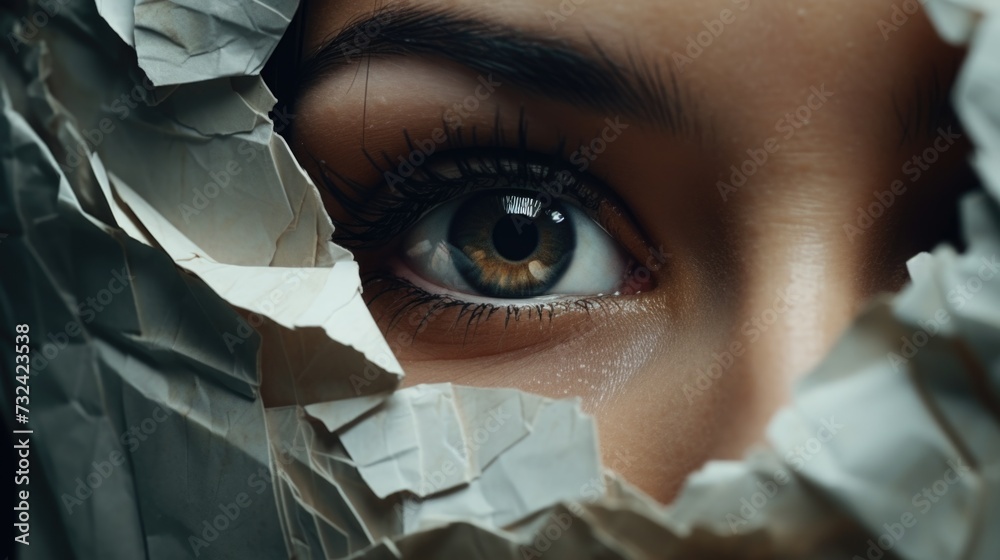 Poster A close-up view of a person's eye with torn paper. This image can be used to depict concepts such as vulnerability, curiosity, or a person's inner thoughts