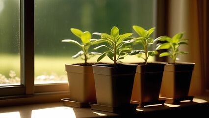 Young plant growing on a window. Growing seedlings in spring, preparing for the summer season. Gardening and eco farming concept