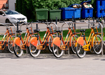 Bicycles for rent in the city. Urban habitat in Kaunas.