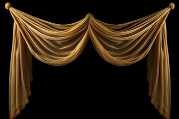 A golden curtain is elegantly draped against a black backdrop. This image can be used to add a touch of luxury and sophistication to various design projects