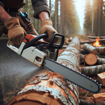 Close-up of a chainsaw in the hands of a lumberjack.