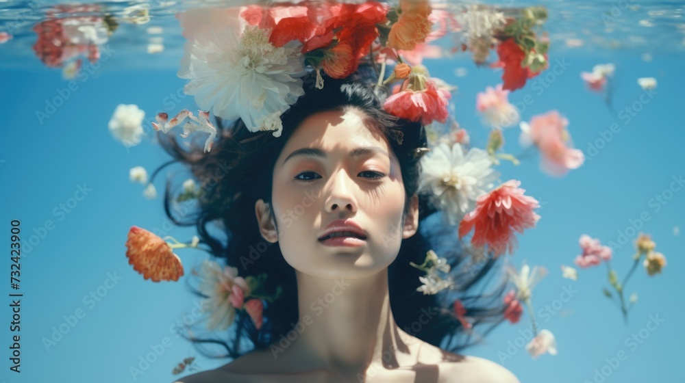 Poster a serene image of a woman with flowers floating in the water. perfect for use in nature-themed desig