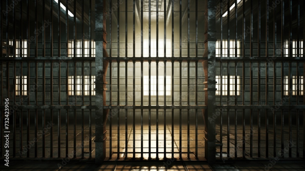 Aufkleber a jail cell with sunlight streaming through the bars. this image can be used to depict confinement, 