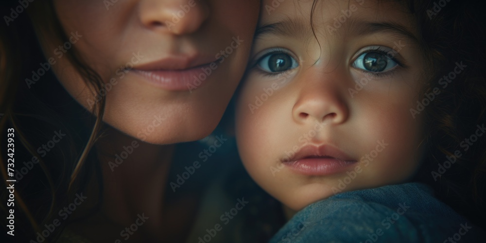 Poster a close up image of a woman and a child. this picture can be used to depict the bond between a mothe