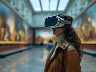 A woman wearing a VR headset stands in a hallway with paintings on the walls of a museum.