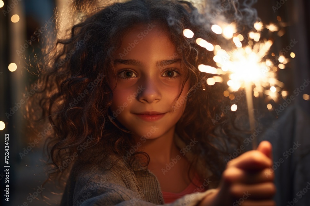 Poster A young girl holds a sparkler in her hand. Perfect for celebrations and festive occasions