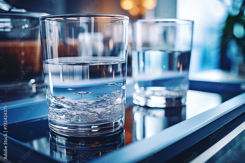 Poster A glass of water sitting on top of a table. Suitable for use in various concepts and themes