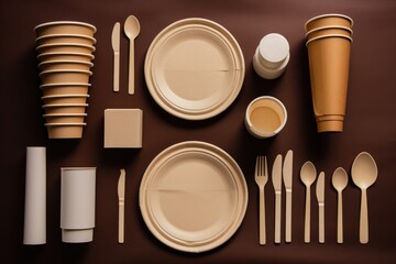 A table displaying a diverse selection of paper plates and spoons. Ideal for various events and gatherings