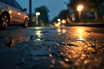 A car driving down a wet street at night. Perfect for automotive or transportation-related projects