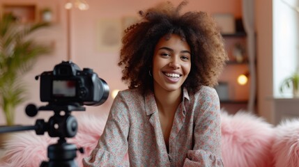 A cheerful woman with curly hair wearing a patterned blouse sitting on a pink fluffy chair smiling ata camera on a tripod in a cozy room with plants and shelves. - obrazy, fototapety, plakaty