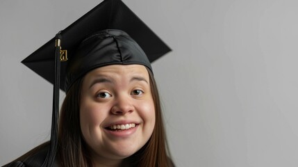 Smiling woman in graduation cap and gown with a joyful expression celebrating academic achievement.