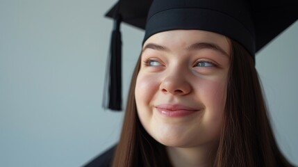 Young woman in graduation cap smiling with eyes closed looking up against a light background.