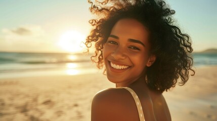 A woman with curly hair smiling at the camera standing on a sandy beach with the sun setting in the background. - obrazy, fototapety, plakaty