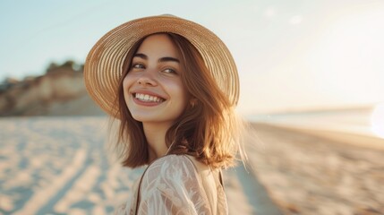 A young woman with a radiant smile wearing a straw hat and a light-colored top standing on a sandy beach with the ocean in the background basking in the warm glow of a sunny day. - 732424581