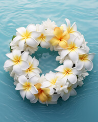 Fototapeta na wymiar Fragrant necklace made with fresh tiare flowers resting on the turquoise sea in Tahiti, French Polynesia