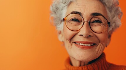 Fototapeta na wymiar A smiling elderly woman with white hair and glasses wearing an orange tu rtleneck against an orange background.