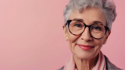 An elderly woman with short gray hair wearing glasses smiling and dressed in a pink blazer and scarf against a pink background.