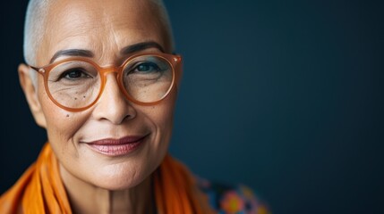 A woman with short hair wearing glasses and an orange scarf smiling at the camera with a warm and inviting expression.