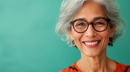 Smiling woman with gray hair wearing glasses and gold earrings against a teal background.
