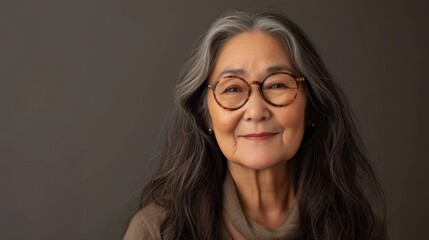Woman with long dark hair wearing glasses smiling with a soft expression against a neutral background.