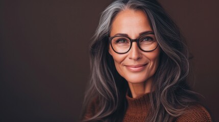 Fototapeta na wymiar Woman with gray hair wearing glasses smiling in a brown sweater against a blurred background.