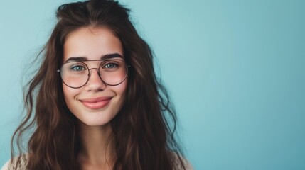 Young woman with long brown hair wearing round glasses smiling against a light blue background. - 732424749