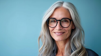 Smiling woman with gray hair and black glasses against blue background.