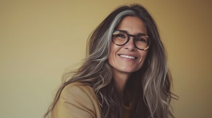 A woman with long wavy gray hair wearing glasses and a beige blazer smiling at the camera against a soft-focus yellow background.