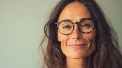 A woman with long dark hair wearing round glasses smiling gently with a hint of a laugh against a soft blurred background.
