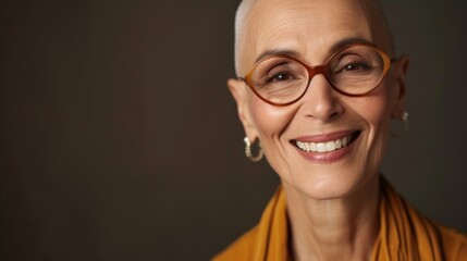 Fototapeta na wymiar Smiling woman with short hair wearing glasses and a yellow scarf against a blurred background.