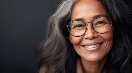 Obraz premium Smiling woman with glasses and gray hair.