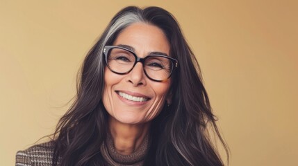 A smiling woman with graying hair and glasses wearing a brown tu rtleneck set against a soft-focus yellow backgrou nd.
