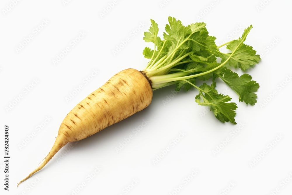 Poster a detailed close-up view of a carrot placed on a clean white surface. suitable for food and cooking-