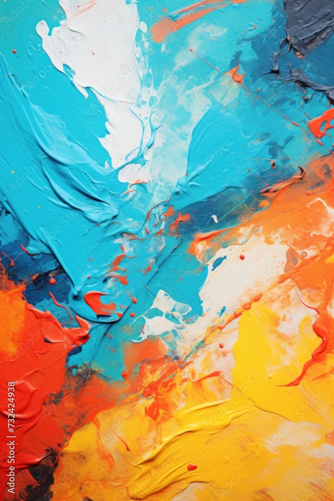 Poster An up-close view of an abstract painting featuring vibrant oranges and blues. This artwork can add a pop of color and modern flair to any space