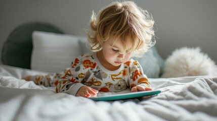 A young child with blonde hair wearing patterned pajamas lying on a bed with white sheets engrossed in playing with a tablet computer.