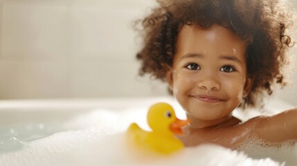 A joyful child with curly hair smiling in a bathtub filled with bubbles accompanied by a yellow ru bber duck. - obrazy, fototapety, plakaty