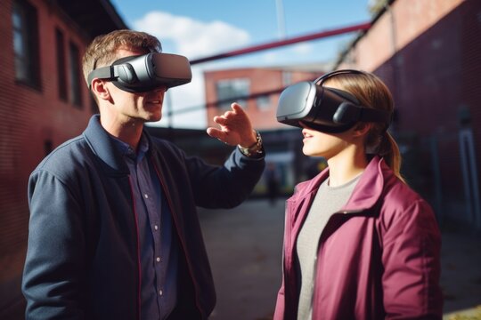 A man and a woman are pictured wearing virtual reality headsets. This image can be used to represent technology, gaming, virtual reality experiences, or teamwork