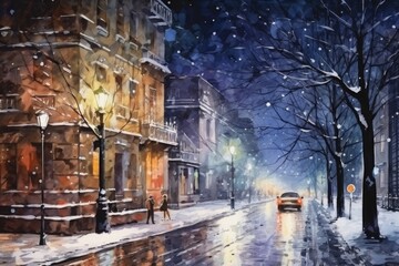Obraz premium A painting depicting a city street at night. This artwork captures the vibrant and atmospheric ambiance of a bustling urban setting. Ideal for adding a contemporary touch to any space