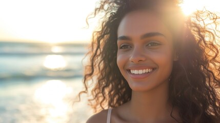 Smiling woman with curly hair standing on beach with sunset in background looking towards camera.