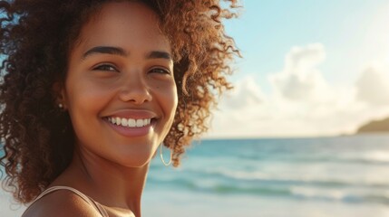 Fototapeta premium Smiling woman with curly hair wearing hoop earrings standing on beach with ocean in background under clear sky with clouds.