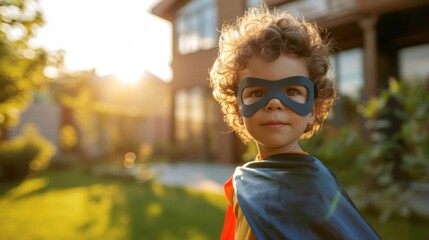 Young child in superhero costume with blue mask and cape standing in front of a house with a warm golden sunset in the background. - 732425193